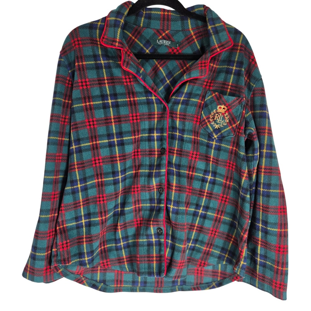 Lauren Ralph Lauren Fleece Plaid Pajama Top Sleep Shirt Red Trim M Cozy Preppy